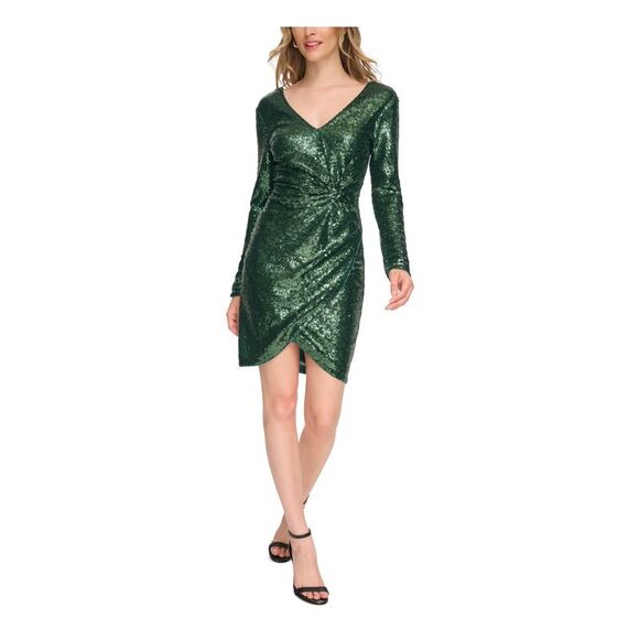 GUESS Womens Green Twist Front V-back Tulip Hem Long Sleeve Body Con Dress 2 - Picture 1 of 4